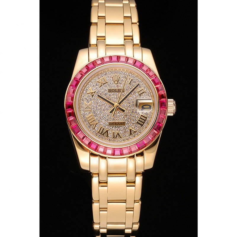 Replica Rolex Datejust Diamond Dial Pink Jewels Bezel Gold Case And Bracelet 622835 - View 2
