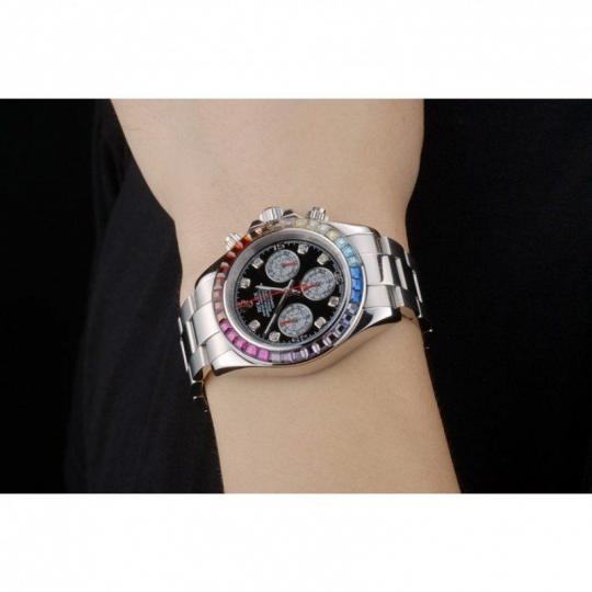 Replica Rolex Daytona Cosmograph Rainbow Crystals Bezel Stainless Steep Strap Black Dial 80250 - View 7