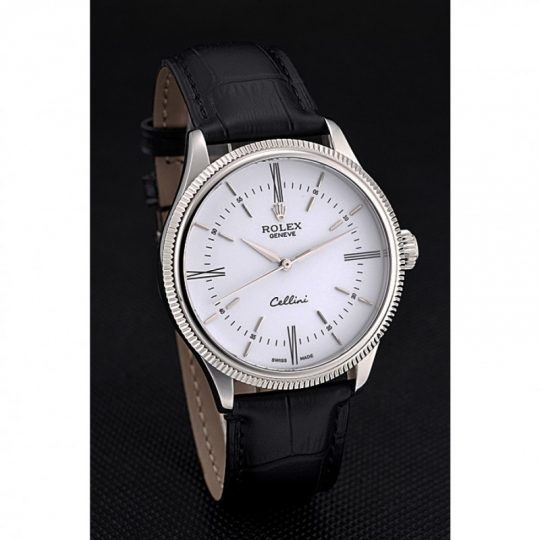 Replica Rolex Cellini Time Silver Case White Dial Black Leather Bracelet 622653 - View 3