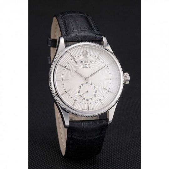 Replica Rolex Cellini White Dial Stainless Steel Case Black Leather Strap - View 5