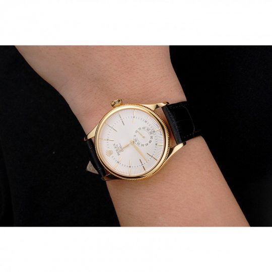Replica Rolex Cellini White Dial Gold Case Black Leather Strap - View 6
