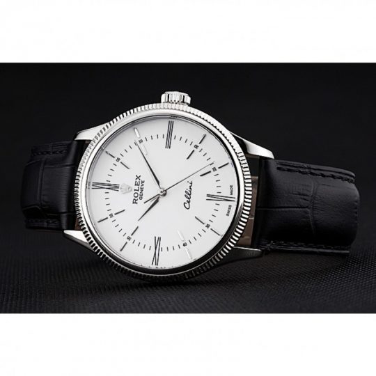 Replica Rolex Cellini Time Silver Case White Dial Black Leather Bracelet 622653 - View 4