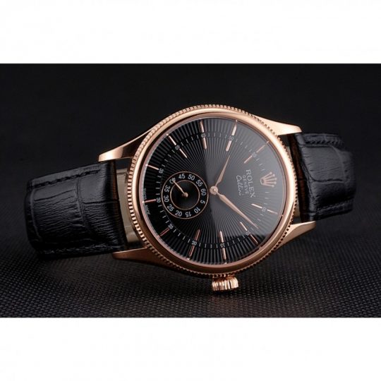 Replica Rolex Cellini Black Dial Rose Gold Case Black Leather Strap - View 4