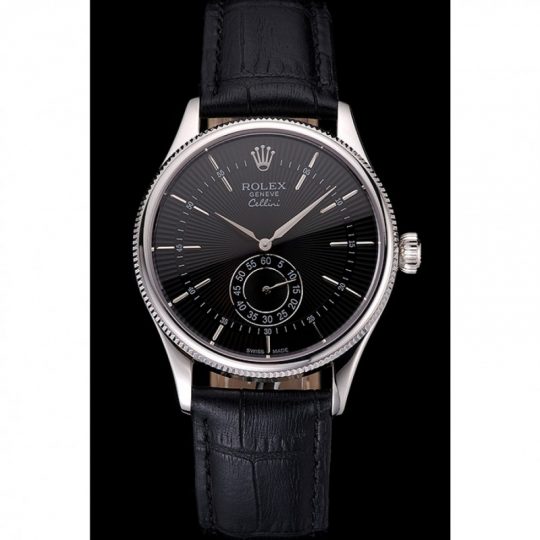 Replica Rolex Cellini Black Dial Stainless Steel Case Black Leather Strap - View 2