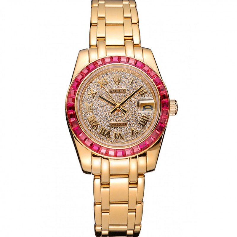 Replica Rolex Datejust Diamond Dial Pink Jewels Bezel Gold Case And Bracelet 622835 - View 1