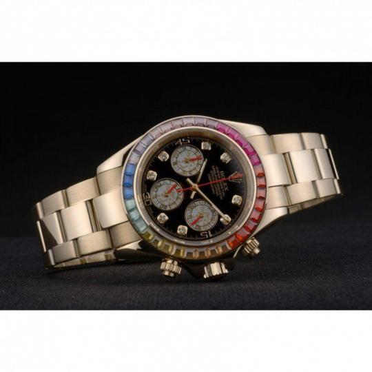 Replica Rolex Daytona Cosmograph Rainbow Crystals Bezel Rose Gold Strap Black Dial 80251 - View 5