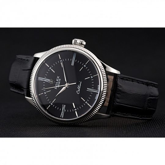 Replica Rolex Cellini Time Silver Case Black Dial Black Leather Bracelet 622654 - View 4