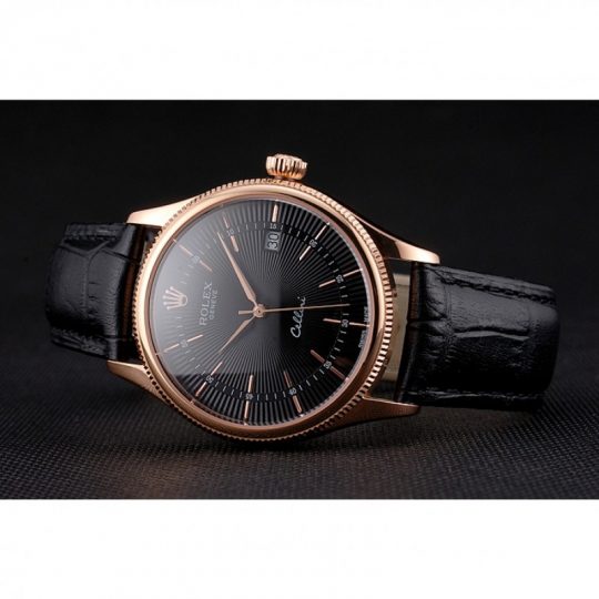 Replica Rolex Cellini Date Black Dial Rose Gold Markings Rose Gold Case Black Leather Strap - View 4