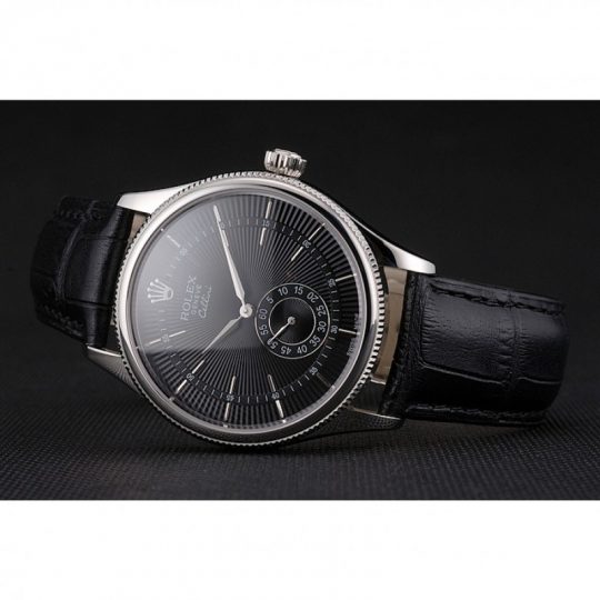 Replica Rolex Cellini Black Dial Stainless Steel Case Black Leather Strap - View 4