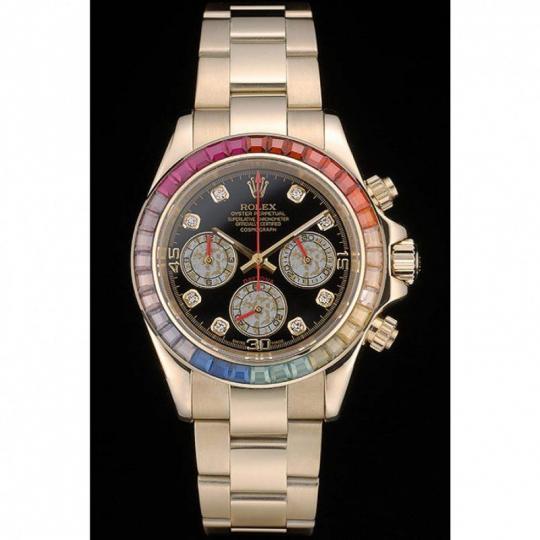 Replica Rolex Daytona Cosmograph Rainbow Crystals Bezel Rose Gold Strap Black Dial 80251 - View 2