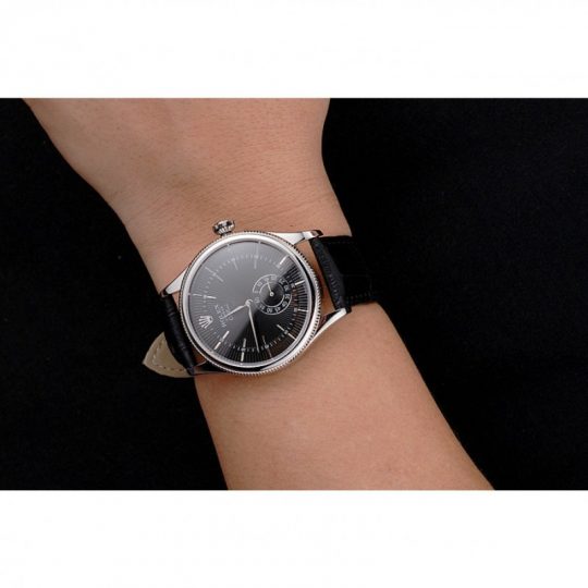 Replica Rolex Cellini Black Dial Stainless Steel Case Black Leather Strap - View 6