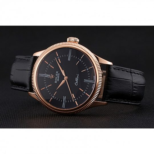 Replica Rolex Cellini Time Rose Gold Case Black Dial Black Leather Bracelet 622656 - View 5