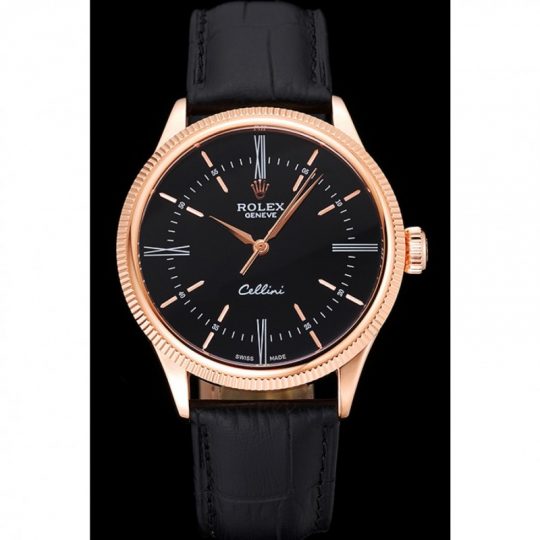 Replica Rolex Cellini Time Rose Gold Case Black Dial Black Leather Bracelet 622656 - View 3