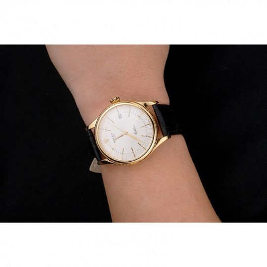 Replica Rolex Cellini Date White Dial Gold Case Black Leather Strap - View 6