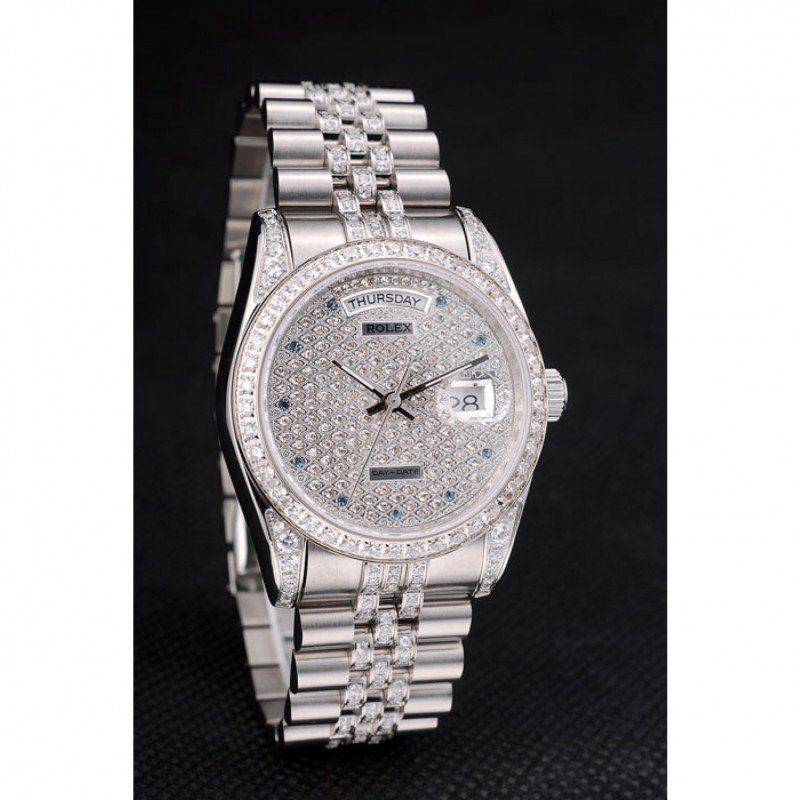 Replica Rolex DayDate Diamond Plated Stainless Steel Bracelet Diamond Plated Dial 41985 - View 3