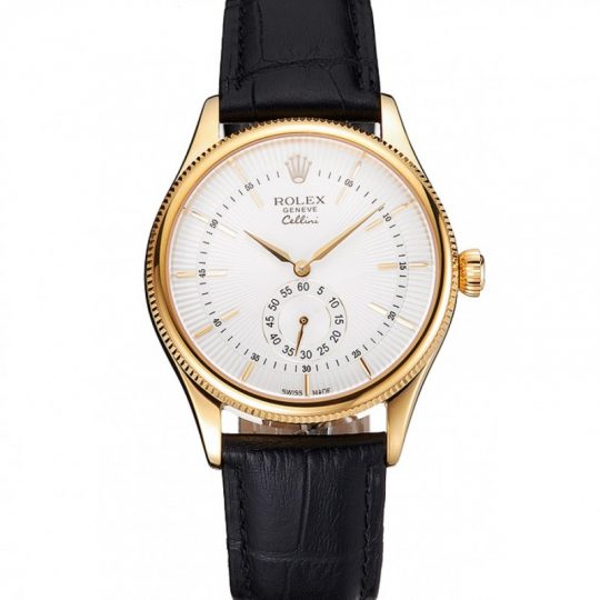 Replica Rolex Cellini White Dial Gold Case Black Leather Strap - View 1