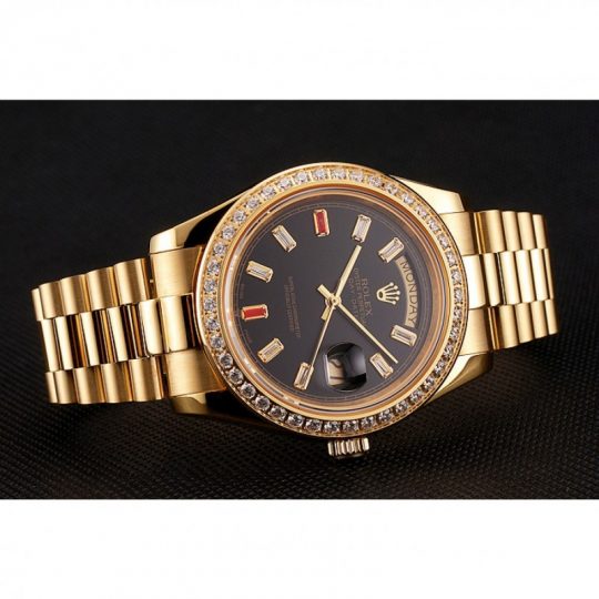 Replica Rolex Day-Date Diamonds And Rubies Black Dial Yellow Gold Bracelet 1454101 - View 3
