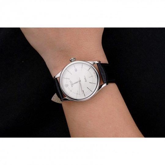 Replica Rolex Cellini Date White Dial Stainless Steel Case Black Leather Strap - View 4