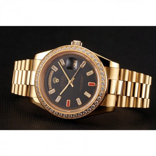 Replica Rolex Day-Date Diamonds And Rubies Black Dial Yellow Gold Bracelet 1454101 - View 4