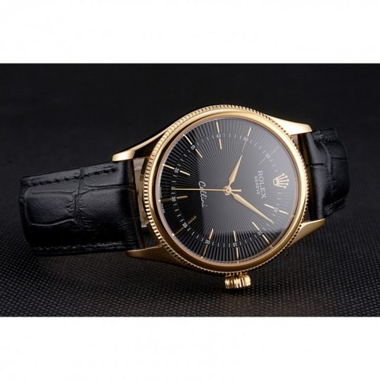 Replica Rolex Cellini Black Dial Gold Markings Gold Case Black Leather Strap - View 4
