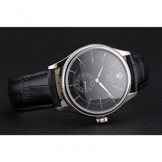 Replica Rolex Cellini Black Dial Stainless Steel Case Black Leather Strap - View 5