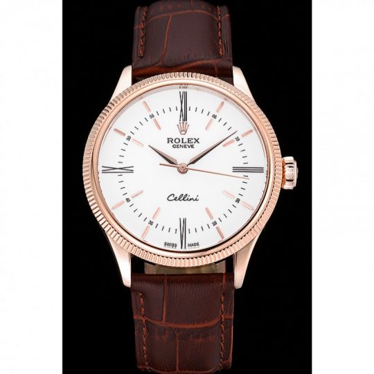 Replica Rolex Cellini Time Gold Case White Dial Brown Leather Bracelet 622655 - View 2