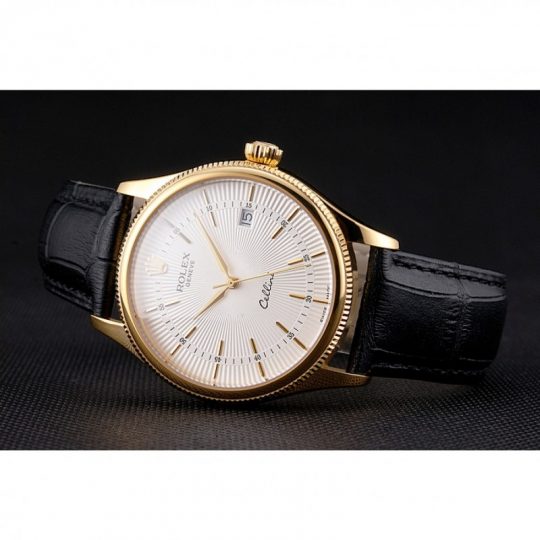 Replica Rolex Cellini Date White Dial Gold Case Black Leather Strap - View 4