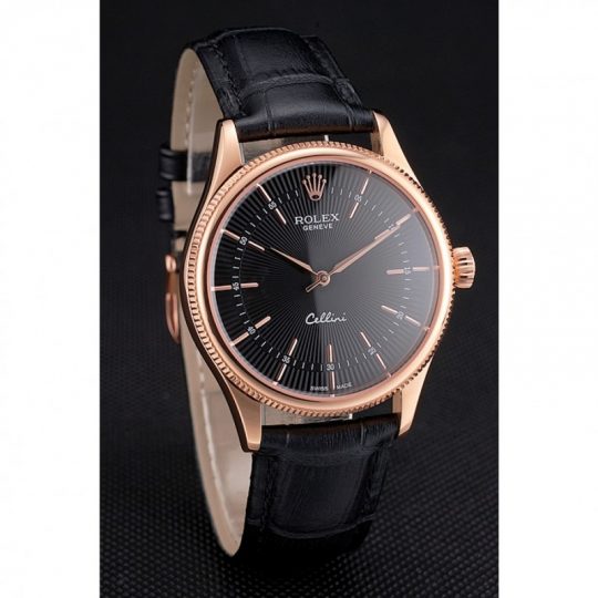 Replica Rolex Cellini Black Dial Rose Gold Markings Rose Gold Case Black Leather Strap - View 3
