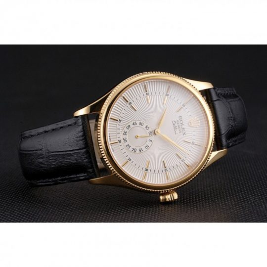 Replica Rolex Cellini White Dial Gold Case Black Leather Strap - View 4
