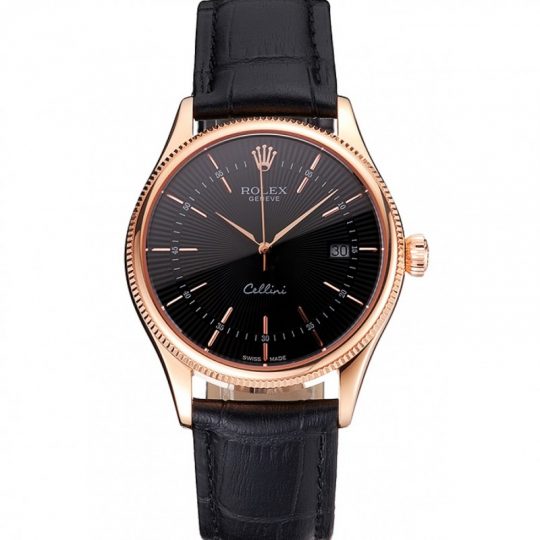 Replica Rolex Cellini Date Black Dial Rose Gold Markings Rose Gold Case Black Leather Strap - View 1