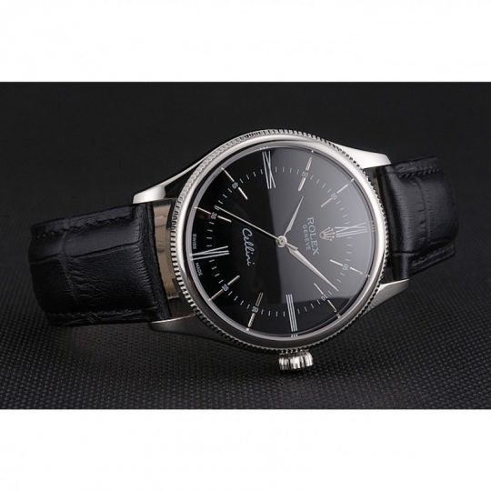 Replica Rolex Cellini Black Dial Roman Numerals Stainless Steel Case Black Leather Strap - View 5