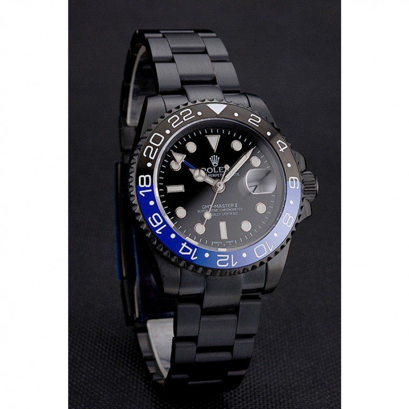 Replica Rolex GMT Master II Black Dial Blue And Black Bezel Black PVD Case And Bracelet PR18239 - View 3