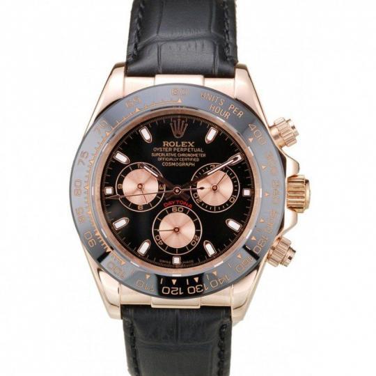 Replica Rolex Daytona Rose Gold Case Black Dial Black Leather Strap - View 1