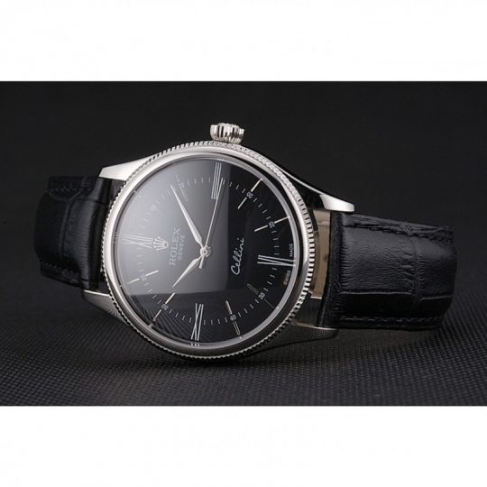 Replica Rolex Cellini Black Dial Roman Numerals Stainless Steel Case Black Leather Strap - View 6