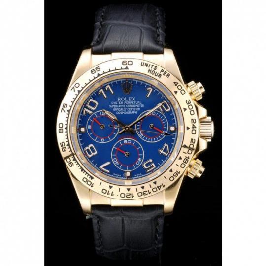 Replica Rolex Daytona Gold Case Blue Dial Black Leather Strap - View 2