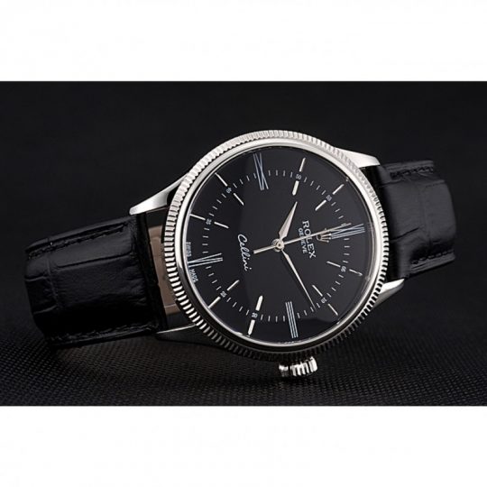 Replica Rolex Cellini Time Silver Case Black Dial Black Leather Bracelet 622654 - View 5