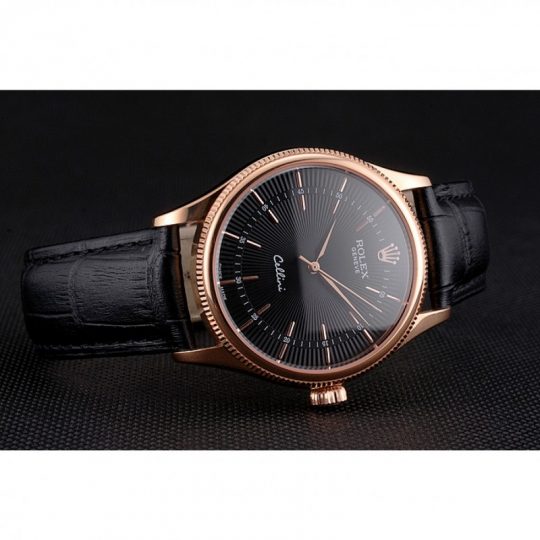 Replica Rolex Cellini Black Dial Rose Gold Markings Rose Gold Case Black Leather Strap - View 4