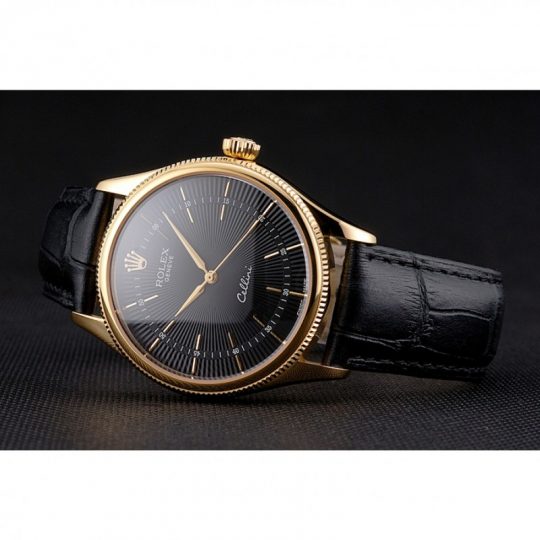 Replica Rolex Cellini Black Dial Gold Markings Gold Case Black Leather Strap - View 5