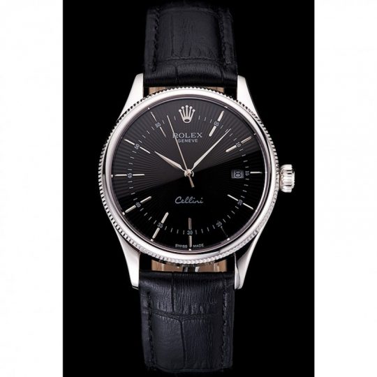 Replica Rolex Cellini Date Black Dial Stainless Steel Case Black Leather Strap - View 6