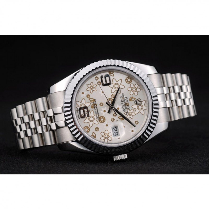 Replica Rolex DateJust Stainless Steel Ribbed Bezel Flower Silver Dial 41983 - View 5