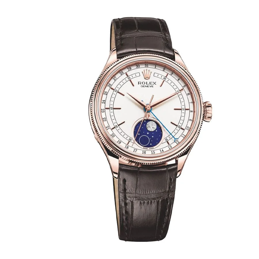 Replica Rolex Cellini Phase de Lune 50535 30MM Rose Gold Case Moonphase White Dial