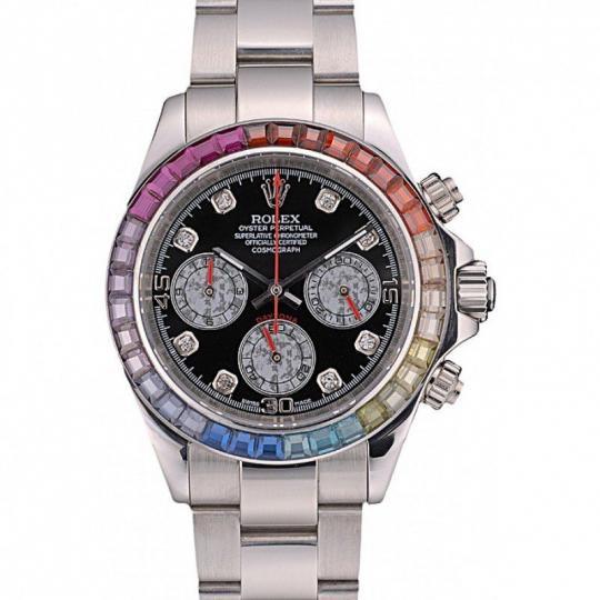 Replica Rolex Daytona Cosmograph Rainbow Crystals Bezel Stainless Steep Strap Black Dial 80250 - View 1