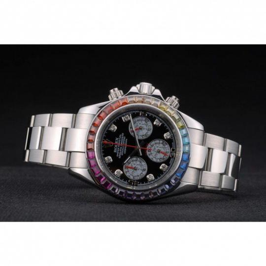 Replica Rolex Daytona Cosmograph Rainbow Crystals Bezel Stainless Steep Strap Black Dial 80250 - View 6