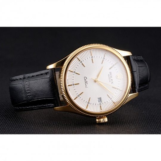 Replica Rolex Cellini Date White Dial Gold Case Black Leather Strap - View 5
