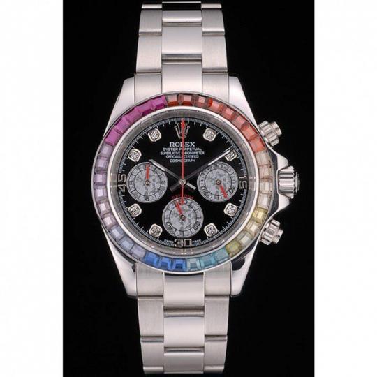 Replica Rolex Daytona Cosmograph Rainbow Crystals Bezel Stainless Steep Strap Black Dial 80250 - View 2
