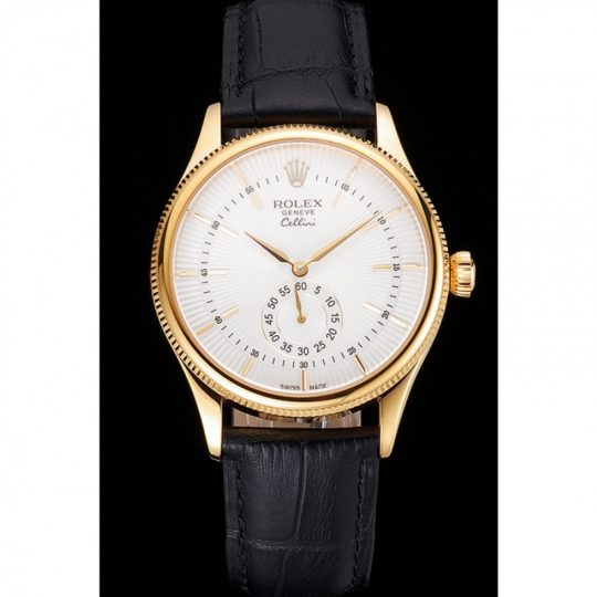 Replica Rolex Cellini White Dial Gold Case Black Leather Strap - View 2