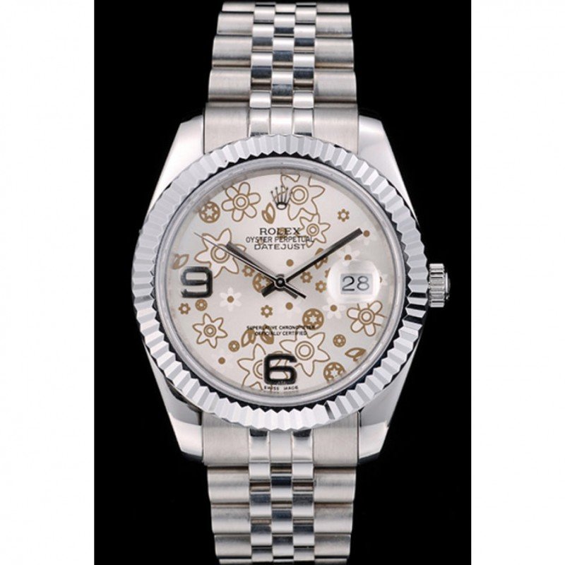 Replica Rolex DateJust Stainless Steel Ribbed Bezel Flower Silver Dial 41983 - View 2