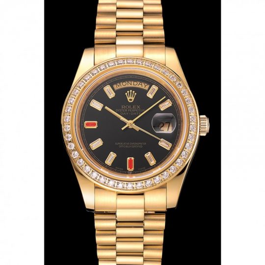 Replica Rolex Day-Date Diamonds And Rubies Black Dial Yellow Gold Bracelet 1454101 - View 2