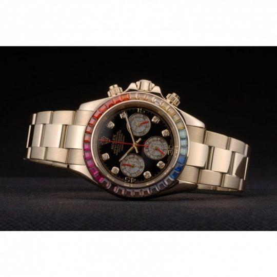 Replica Rolex Daytona Cosmograph Rainbow Crystals Bezel Rose Gold Strap Black Dial 80251 - View 6