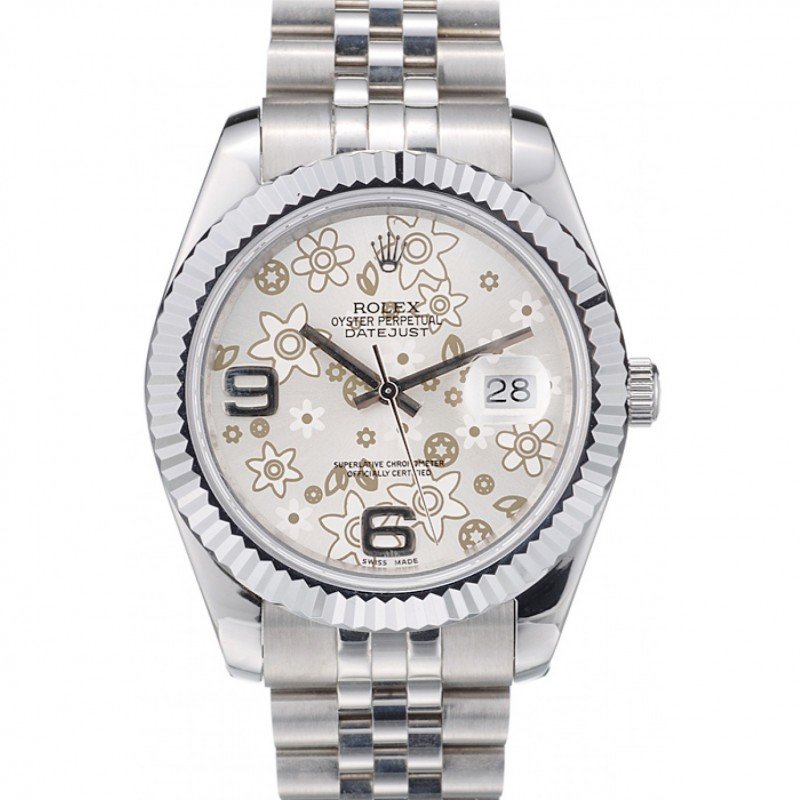 Replica Rolex DateJust Stainless Steel Ribbed Bezel Flower Silver Dial 41983 - View 1